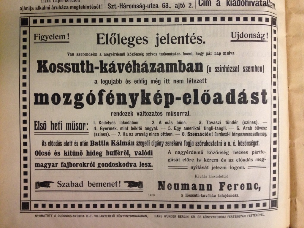 Hirdetés a Szeged és vidéke 1906. szeptember 29-i számában